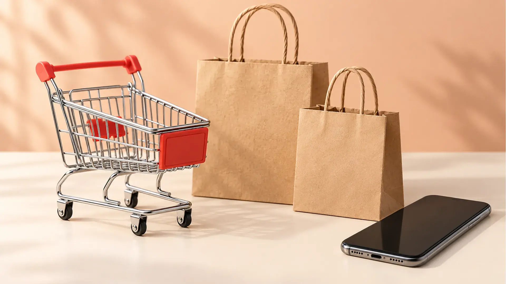 A shopping cart and paper bags on a warm neutral surface.