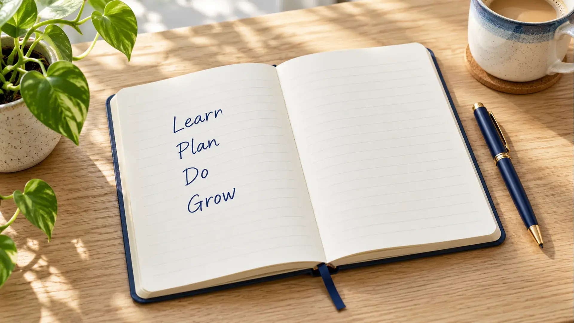An open notebook with the words Learn, Plan, Do, Grow beside a pen.
