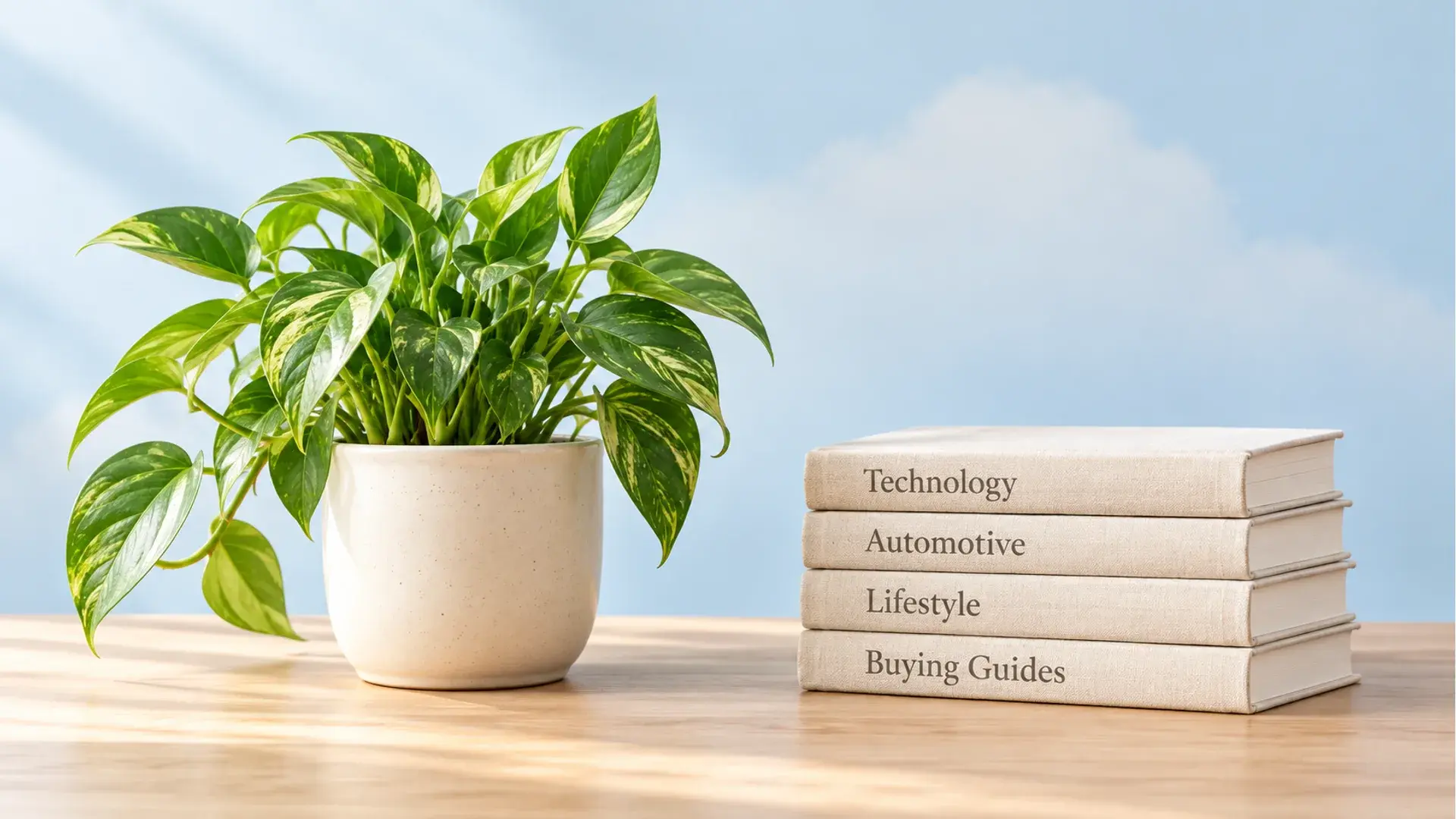 A leafy plant beside a stack of books about technology, automotive, lifestyle, and buying guides.