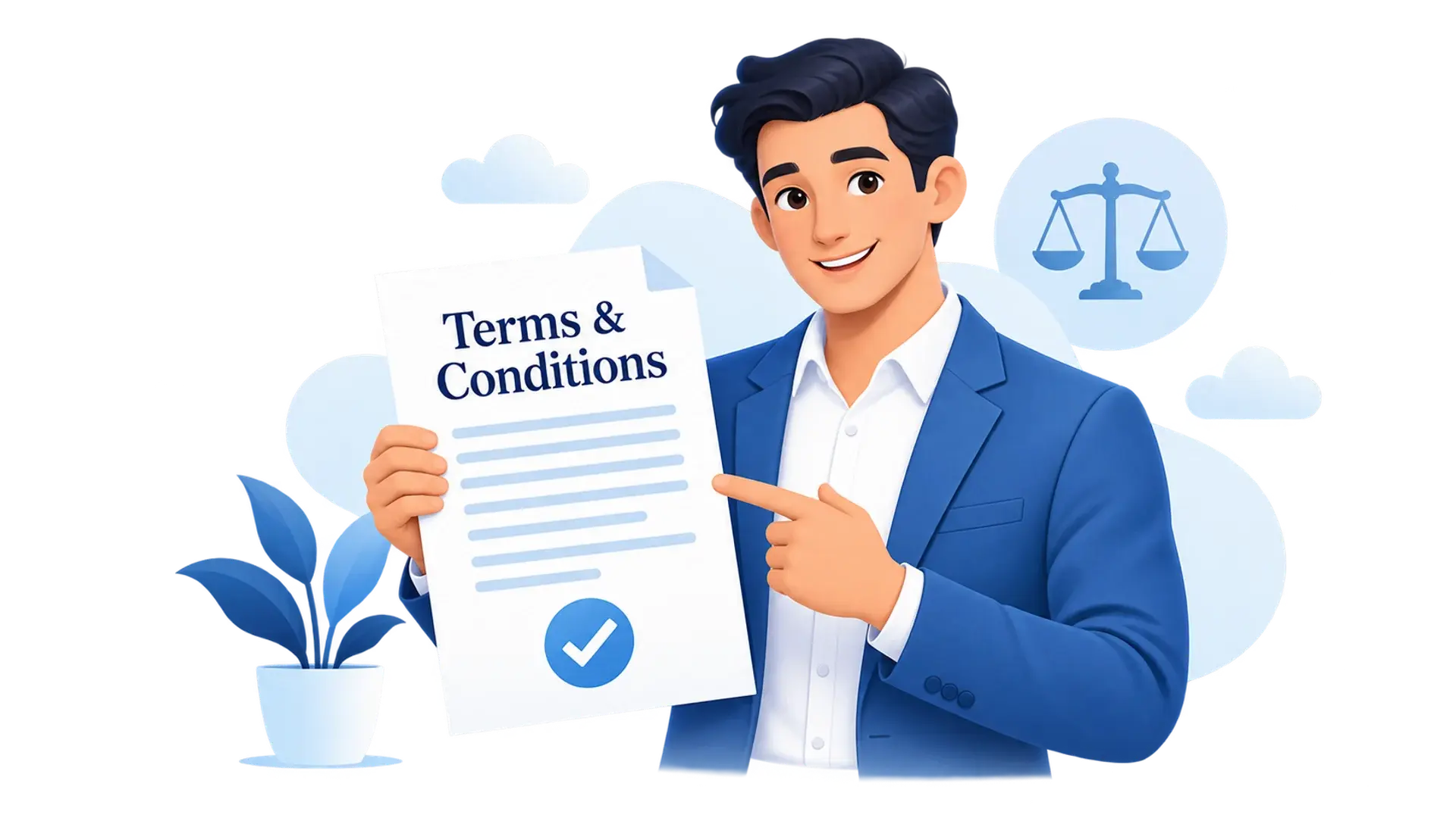 An illustrated guide holding a terms document with a blue checkmark.