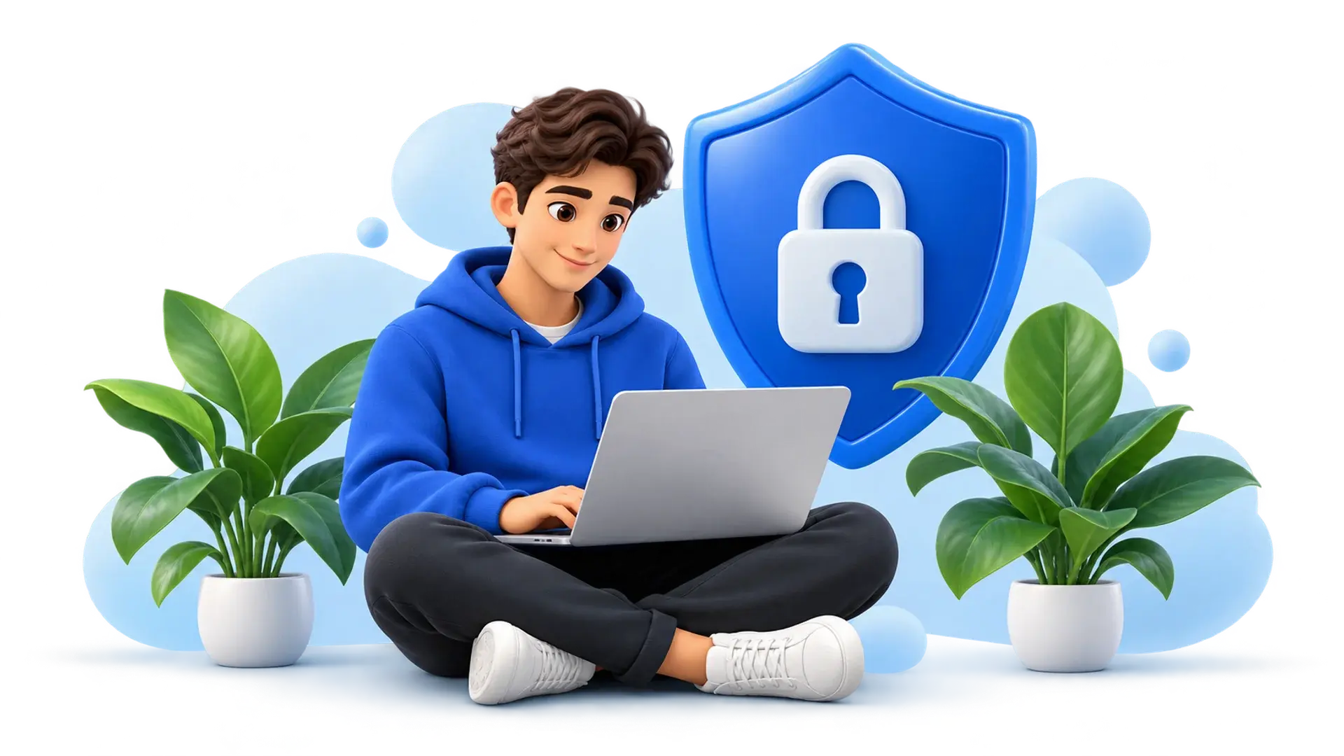A reader with a laptop beside a blue shield and lock, framed by green plants.