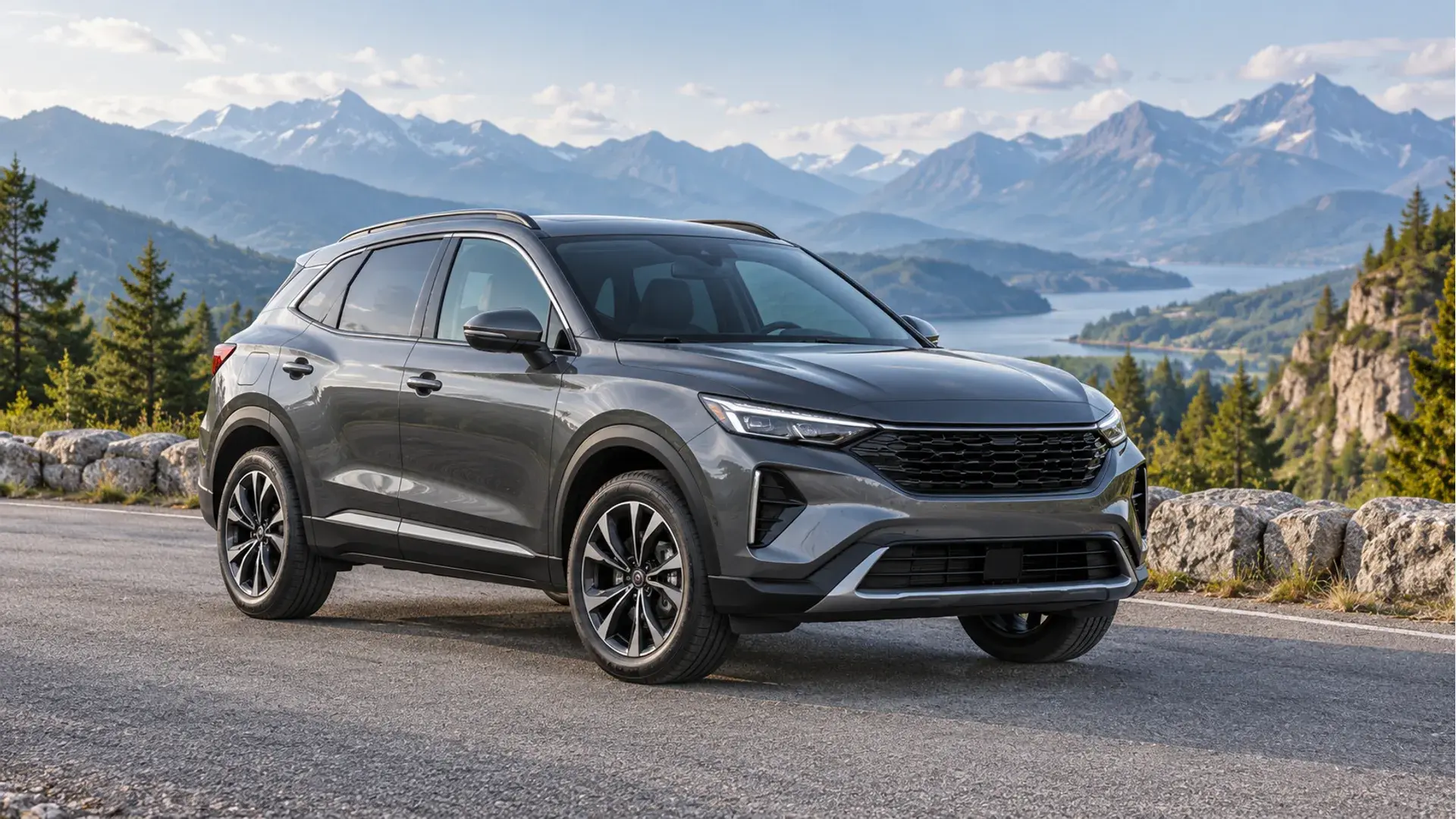 A silver SUV on a mountain road.