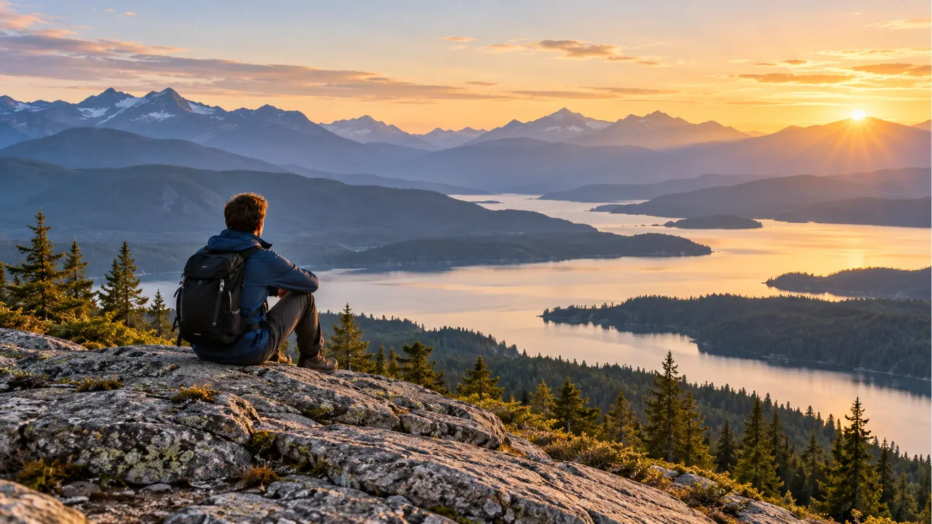 A traveler overlooking a mountain lake at sunrise.