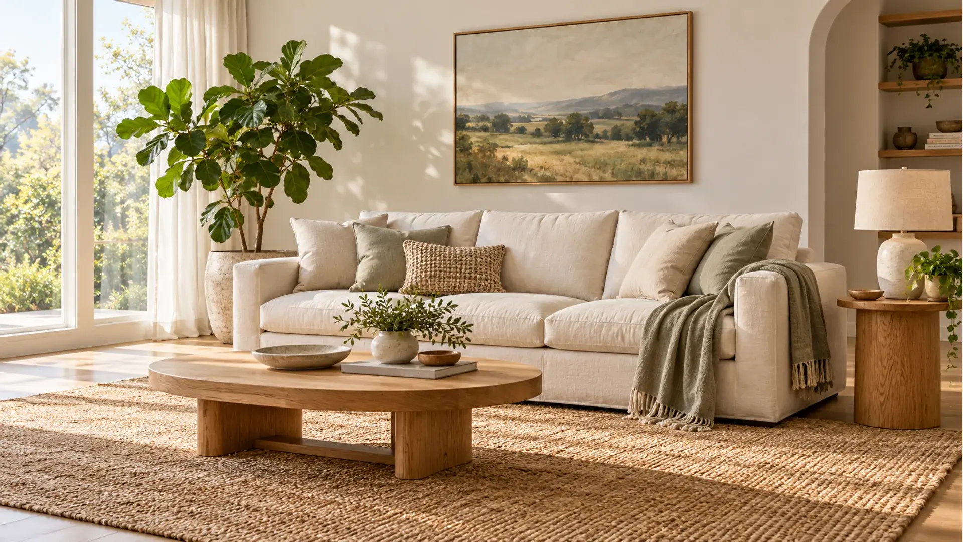 A welcoming living room with a linen sofa and green plants.