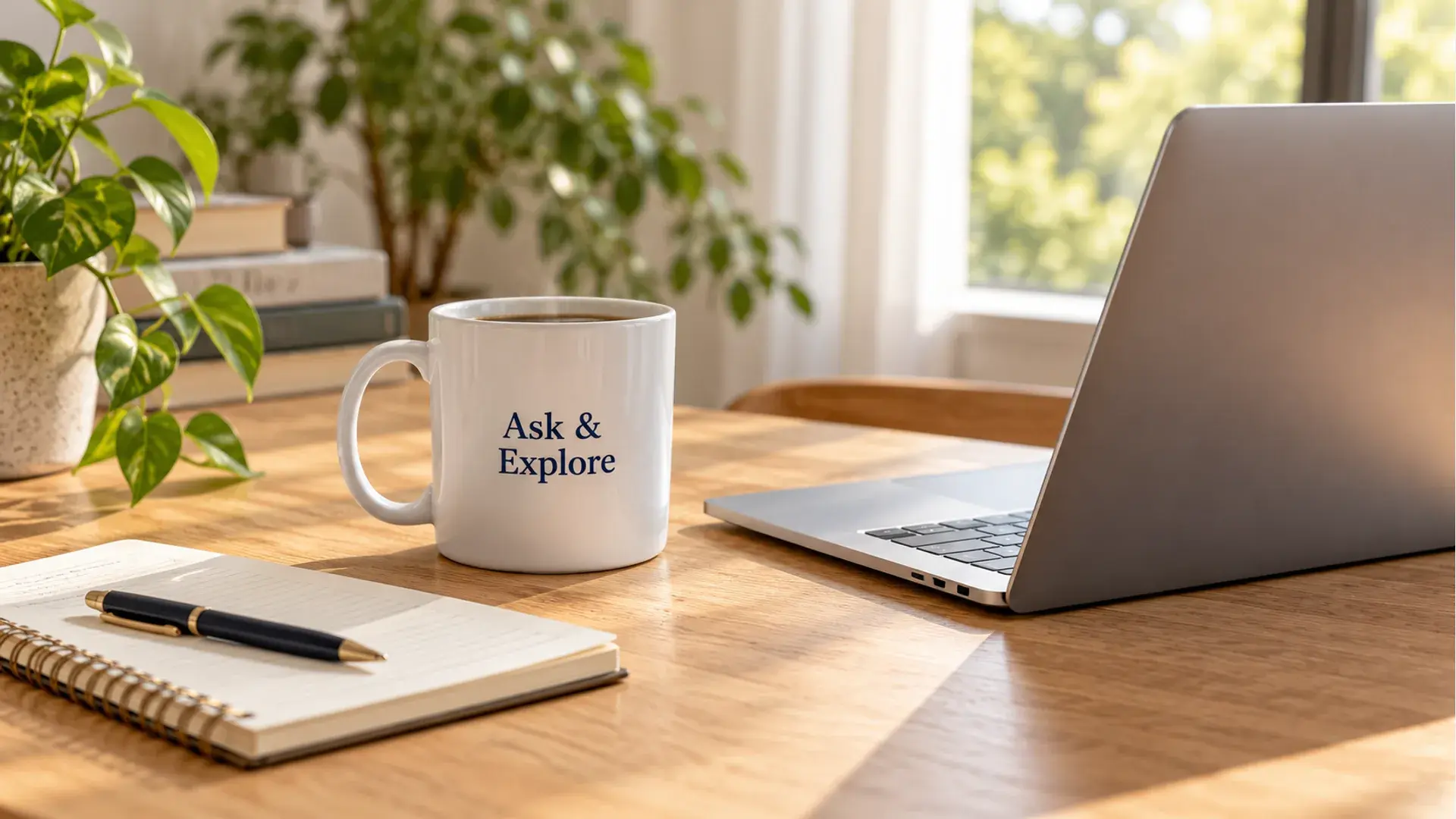 An Ask & Explore coffee mug beside a laptop and notebook in a welcoming workspace.