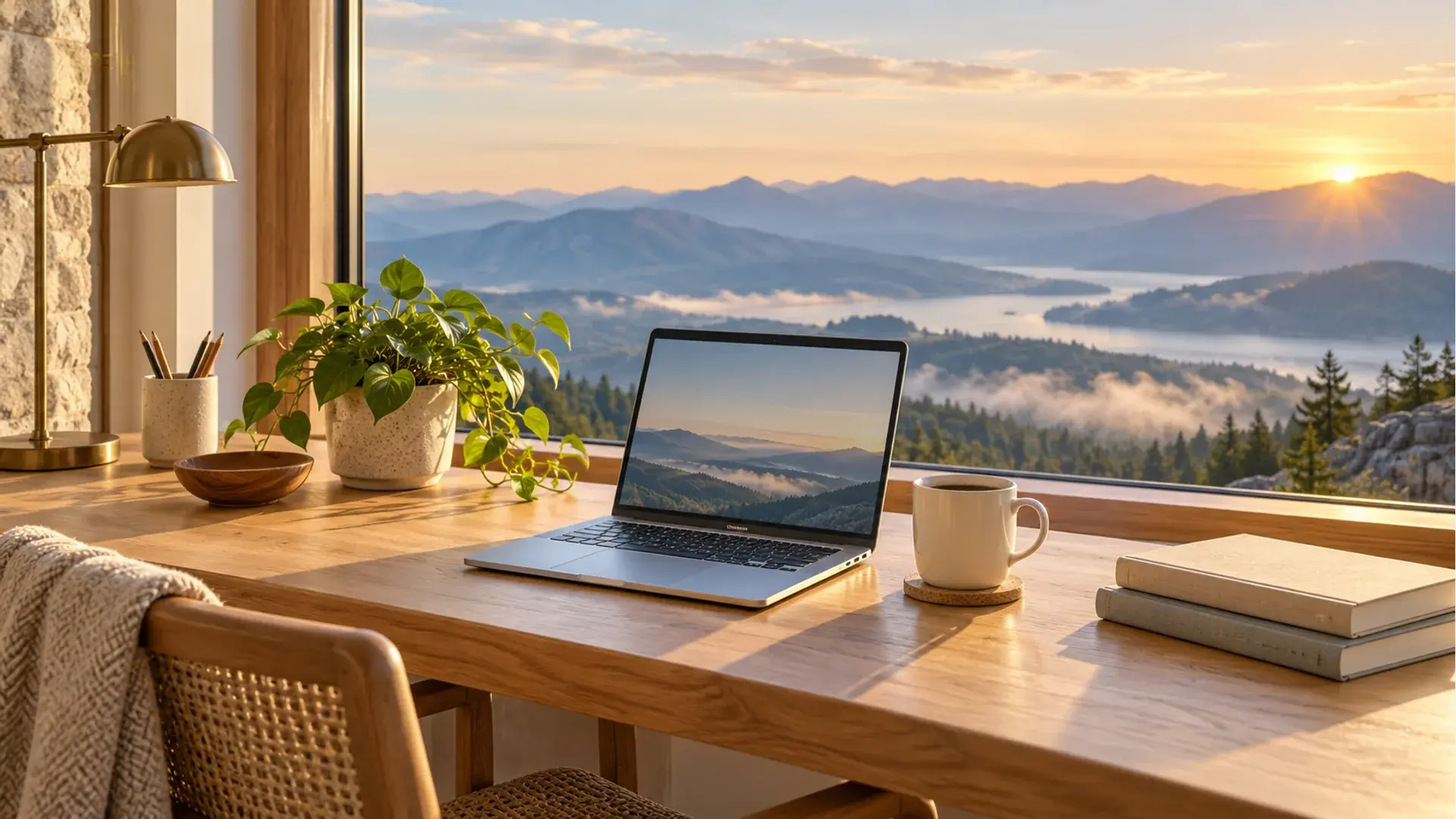 A sunlit workspace with a laptop, coffee, and books overlooking the mountains.