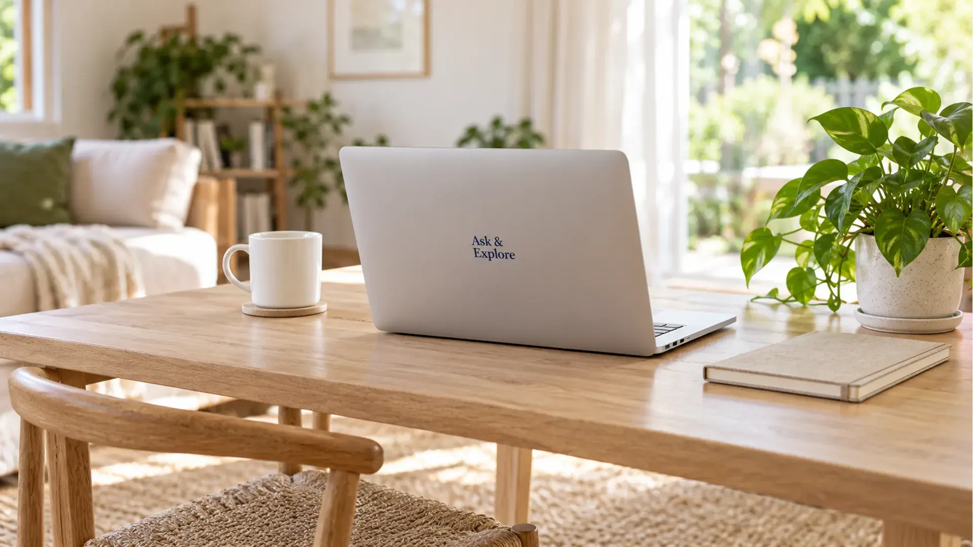 An Ask & Explore laptop, coffee, and a notebook in a bright workspace with green plants.